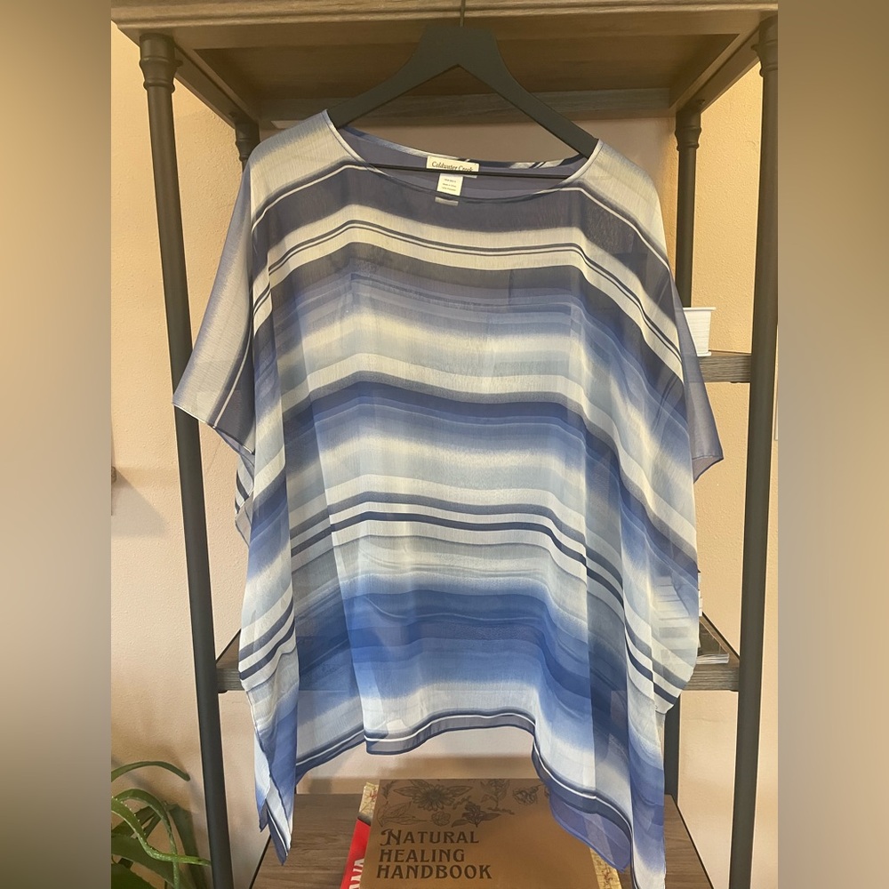 Coldwater Creek Women's Sheer Blue Striped Blouse Tunic